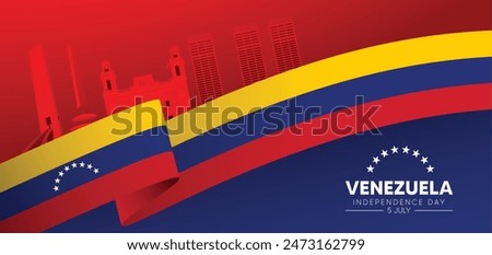 happy Independence day Venezuela July 5 flag ribbon with cityscape vector poster