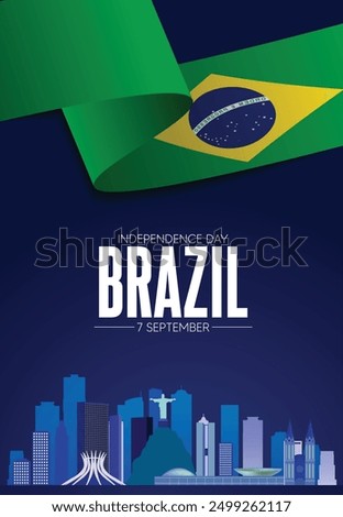 happy independence day brazil 7th September flag ribbon on cityscape vector poster