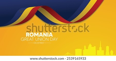 Romania Great Union Day December 1 flag ribbon with cityscape vector poster