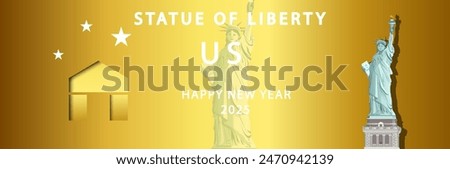 Happy US new year 2025. Statue of Liberty Luxury gold background for illustration vector EPS10.