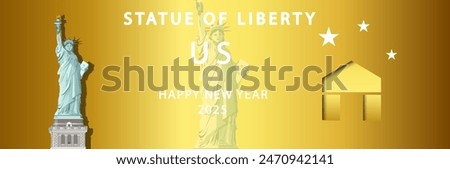 Happy US new year 2025. Statue of Liberty Luxury gold background for illustration vector EPS10.