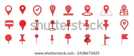 Red Location Pins Sign. Pointer Navigation Symbol. Flag Mark, Thumbtack Sign. Red GPS Tag Collection. Set of Marker Point on Map. Navigation pointer pin sign for apps and websites.