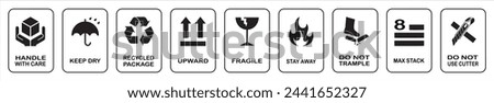 Fragile package icon set. Packaging and warning symbols. Delivery shipping labels flat style. handle with care, Keep away from water, fragile box, Handling, packing, step on, side up symbol vector