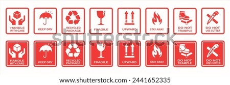 Fragile package icon set. Packaging and warning symbols. Delivery shipping labels flat style. handle with care, Keep away from water, fragile box, Handling, packing, step on, side up symbol vector