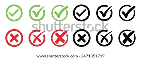 Check mark icon button set. Check box icon with right and wrong buttons and yes or no checkmark icons in green tick box and red cross. Isolated checkmark symbol, right and wrong sign concept.