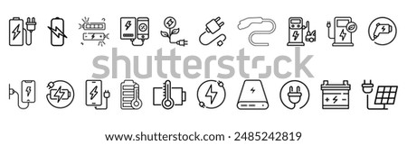 Line icons about battery charging. Contains such icons as charger, ev charger station, power bank, solar charging and more.