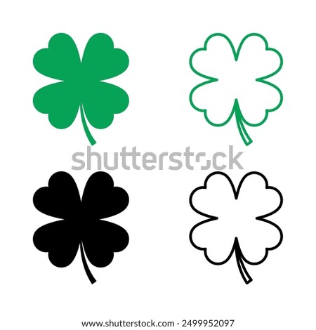 Four leaf clover flat vector icon set. Clover sign and symbol. Four leaf clover flower simple vector illustrations.