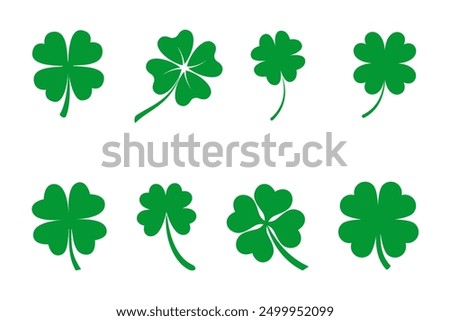 Four leaf clover flat vector icon set. Clover sign and symbol. Four leaf clover flower simple vector illustrations.