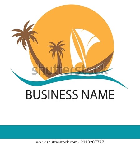 Logo with the shape of a coconut tree, ship or boat, and sunset on the beach. describes a vacation on a tropical beach. suitable for logos of holiday businesses to the beach, businesses on the beach