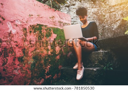 Similar – Image, Stock Photo Charming woman on stony coast