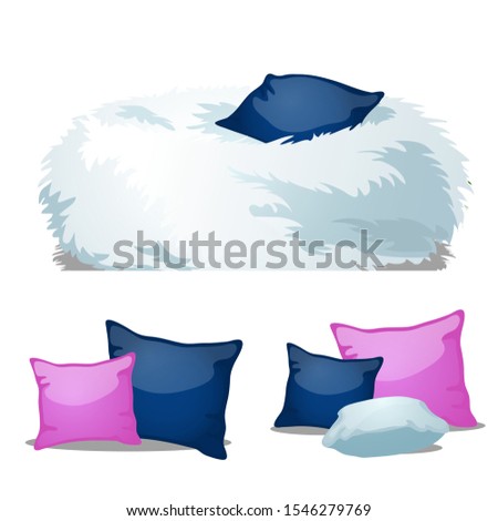 Set of pink and blue sofa cushions and armchair bag made of fur isolated on a white background. Vector cartoon close-up illustration