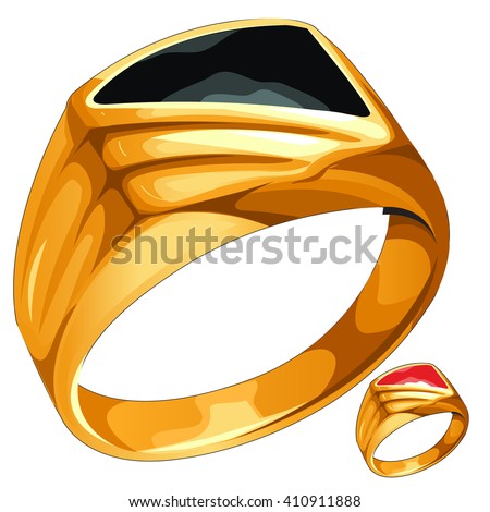 Gold ring with black and red insert. Vector illustration.