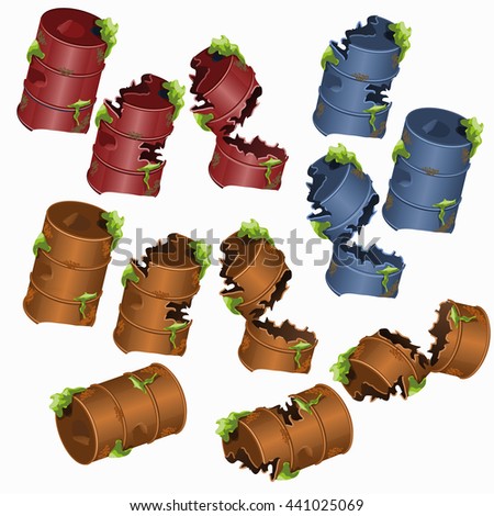 Fragments broken off steel barrels, blue and brown. Vector illustration.