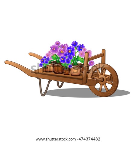 Wooden cart with potted flowers isolated on white background. Cartoon vector illustration close-up.
