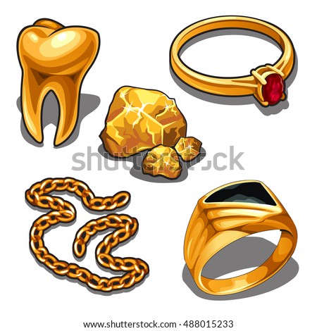 A set of jewelry and dentistry objects made of gold isolated on a white background. Vector illustration.