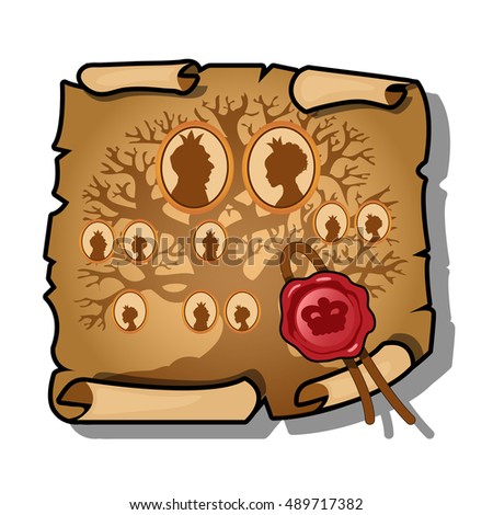 The Royal bloodline is depicted on a sheet of paper and sealed with wax. Vintage document isolated on white background. Vector illustration.