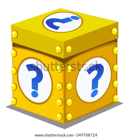 Box with unknown contents isolated on white background. A question mark. Vector illustration closeup.