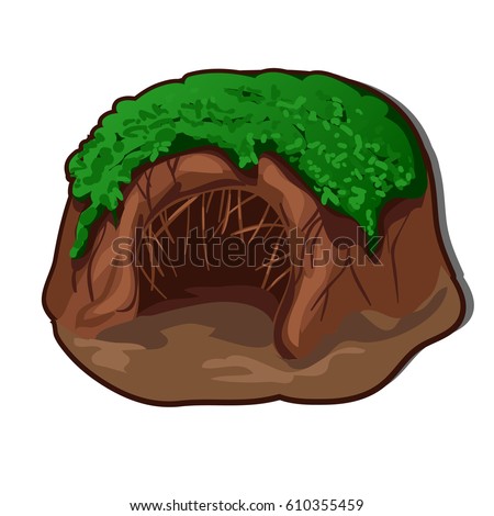 The hole in the ground isolated on white background. A bear den. Vector cartoon close-up illustration.
