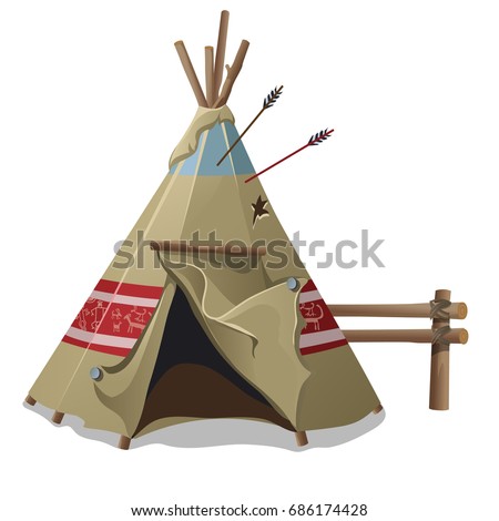 Indian tent or wigwam pierced with arrows isolated on white background. Vector cartoon close-up illustration.