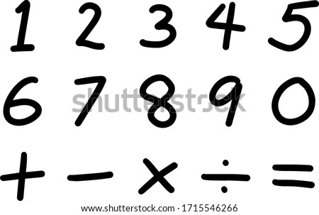 Black color hand drawing of number and mathematics symbol (Plus, minus multiply, divide and equal sign) on white background