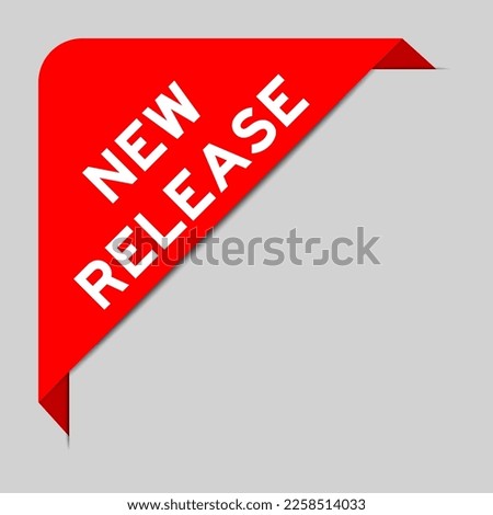 Red color of corner label banner with word new release on gray background