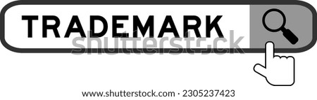 Search banner in word trademark with hand over magnifier icon on white background