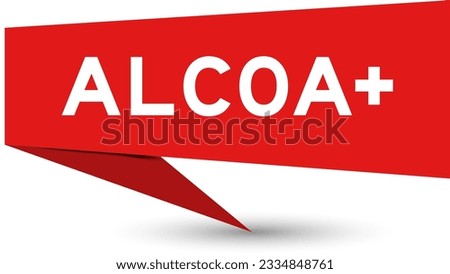 Red color speech banner with word ALCOA (Abbreviation of Attributable, Legible, Contemporaneous, Original and Accurate) plus on white background