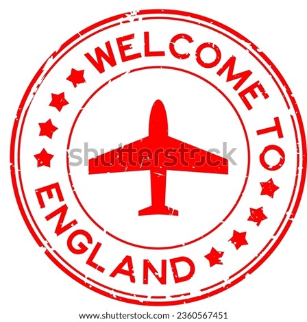 Grunge red welcome to england with airplane icon round rubber seal stamp on white background