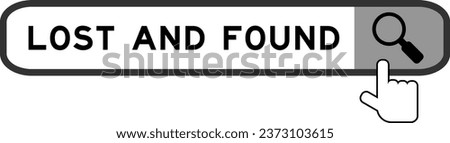 Search banner in word lost and found with hand over magnifier icon on white background
