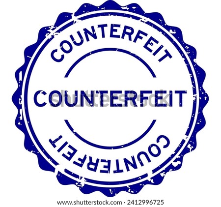Grunge blue counterfeit word round rubber seal stamp on white background