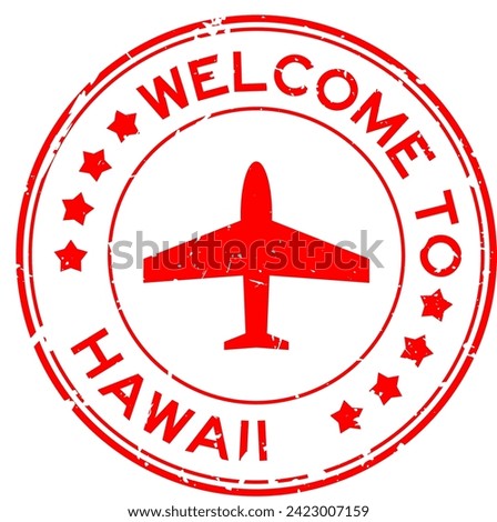 Grunge green welcome to word hawaii with plane icon round rubber seal stamp on white background