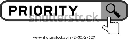 Search banner in word priority with hand over magnifier icon on white background