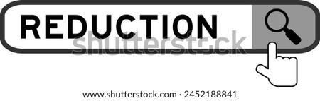 Search banner in word reduction with hand over magnifier icon on white background