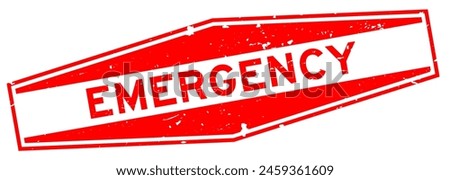 Grunge red emergency word hexagon rubber seal stamp on white background