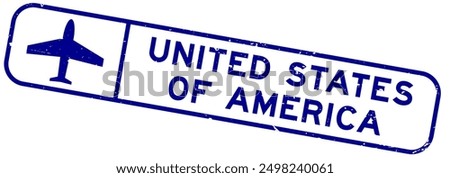 Grunge blue united states of america word with plane icon square rubber seal stamp on white background