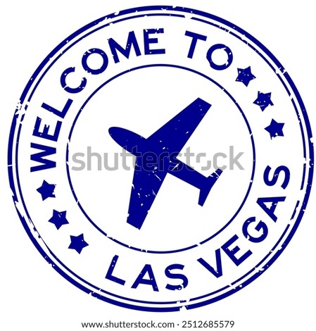 Grunge blue welcome to las vegas with airplane icon round rubber seal stamp on white background