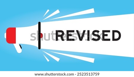 Color megaphone icon with word revised in white banner on blue background