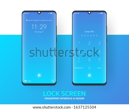 Lock screen with fingerprint smartphone interface vector template, Mobile app page blue gradient design layout, Flat UI for application