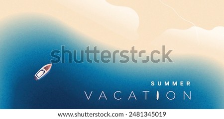 Summer poster, banner, holiday cover, card. Trendy summer design with with landscape, beach, surf, sea waves, yacht and typography. Summer holidays, vacation, travel vector illustration.