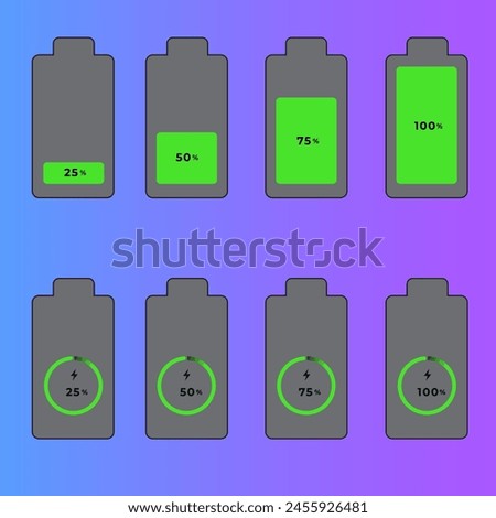 This vector cellphone battery icon consists of 25% charge, 50% charge, 75% charge, and 100% charge.