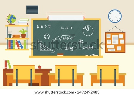 Classroom interior, classroom with teacher's table, students desks, blackboard with geometric tasks and rulers, cupboard with textbooks, study posters, vector illustration