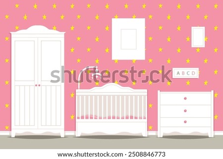 Baby room with chest of drawer, unisex white cot, big toy elephant, home plant, armchair and floor lamp. Nursery in Japandi or Scandinavian Style. Interior Background.