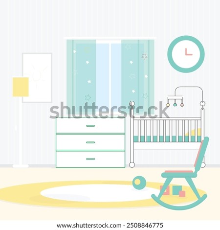 Baby room with chest of drawer, unisex white cot, big toy elephant, home plant, armchair and floor lamp. Nursery in Japandi or Scandinavian Style. Interior Background.