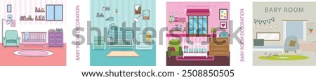 Baby room with chest of drawer, unisex white cot, big toy elephant, home plant, armchair and floor lamp. Nursery in Japandi or Scandinavian Style. Interior Background.