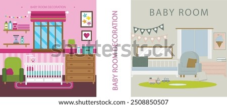 Baby room with chest of drawer, unisex white cot, big toy elephant, home plant, armchair and floor lamp. Nursery in Japandi or Scandinavian Style. Interior Background.