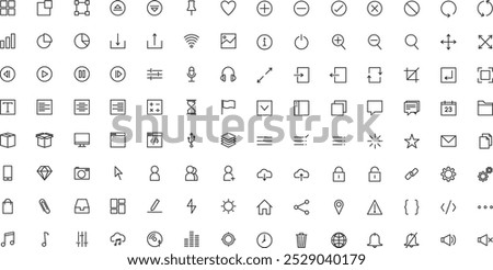 ux , ui line icons set vector illustration icons, on white background Basic User Interface Essential Set. 112 Line Outline Icons. For App, Web, Print. Editable Stroke.