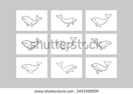 Whale Whole Body 9 set Vector Line Art Illustration.