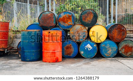 Similar – Image, Stock Photo Stacked, rusty metal drums and other waste