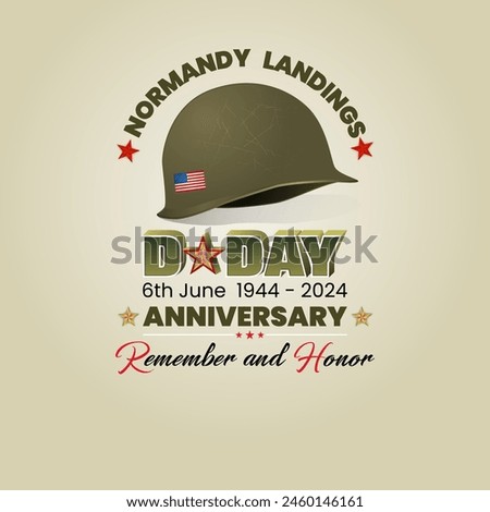 Holiday design, background with handwriting and 3d texts, army helmet and national flag colors for D-Day American event, 80th anniversary celebration; Vector illustration