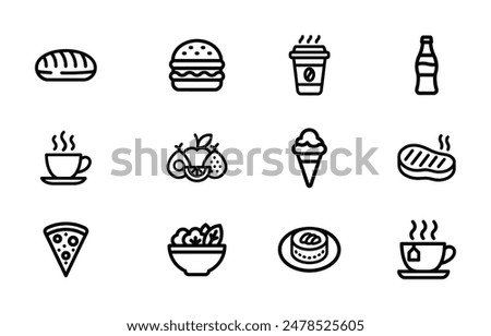 A clean and minimalist collection of food and drink line icons featuring bread, burger, coffee, soda, fruit, ice cream, steak, pizza, salad, and tea. Ideal for use in web design, apps, and menus